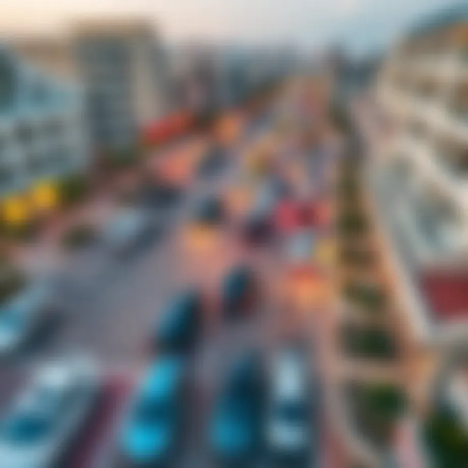 Aerial view of the bustling JBR Walk with parked cars