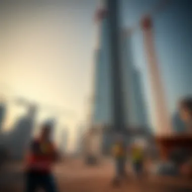 Construction Scene of Burj Khalifa Construction workers engaged in the building of Burj Khalifa