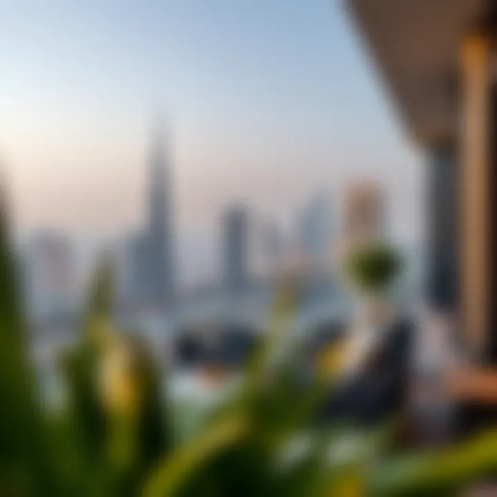 Panoramic view from a balcony at Damac Smart Heights featuring Dubai skyline