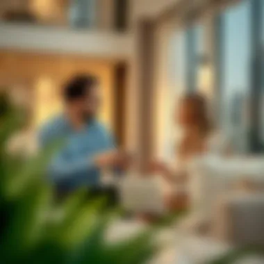 Villa Purchase Discussion A couple discussing villa purchase options in a modern setting