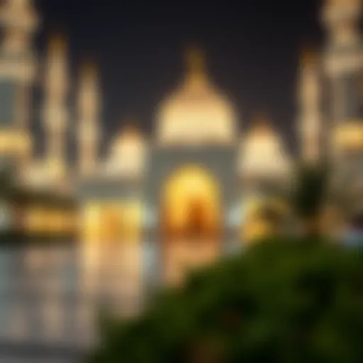 A beautifully decorated mosque illuminated at night during Eid celebrations