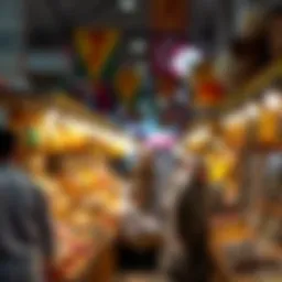 A bustling scene of vendors displaying traditional goods at alsouq