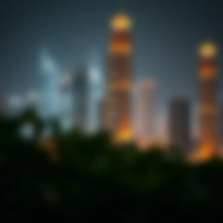 Night view of the 52 42 Tower illuminating Dubai's urban landscape