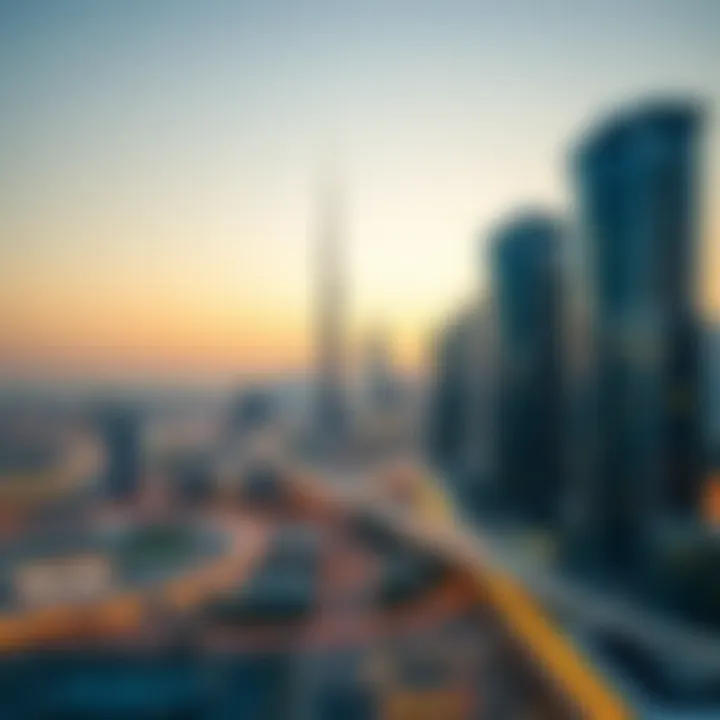 Dubai Skyline: A Sunset Perspective Panoramic view of Dubai's skyline at sunset