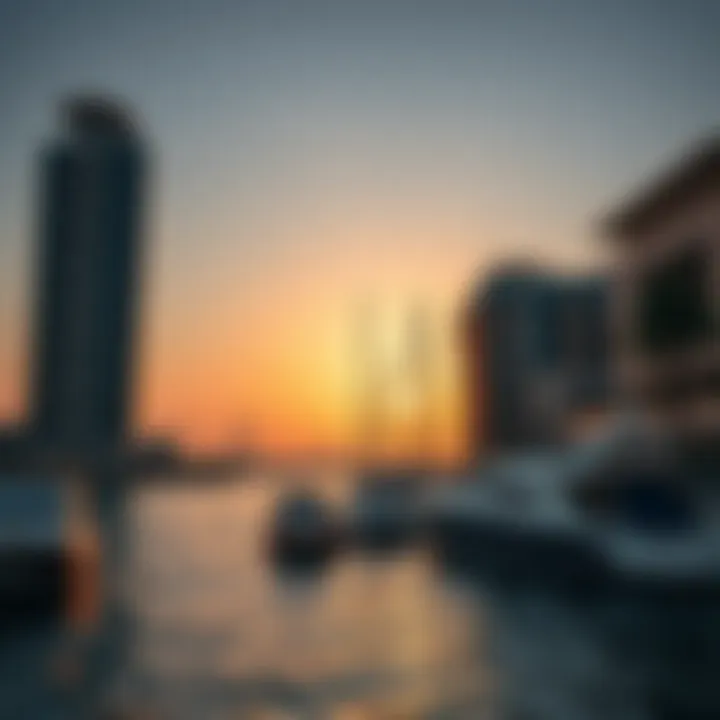 Beautiful waterfront at Dubai Creek Harbor during sunset