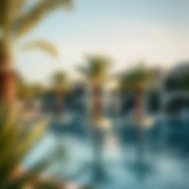 Relaxing Poolside Experience in Dubai Park An inviting hotel pool area surrounded by palm trees and relaxation spaces in Dubai Park
