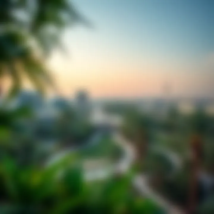 Scenic Beauty of Dubai Park A panoramic view of Dubai Park highlighting its lush greenery and urban architecture