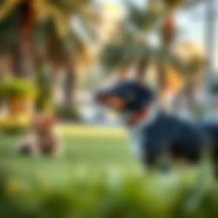 A serene park in Dubai with pets enjoying the outdoors