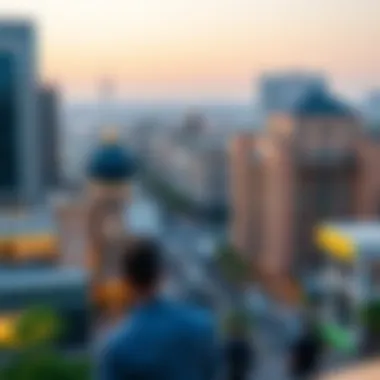 A panoramic view of Sheikh Rashid Street showcasing modern architecture and historical landmarks