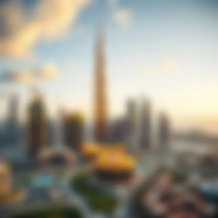 Dubai Skyline with Gold Tower Panoramic view of Dubai's skyline featuring the Gold Tower.