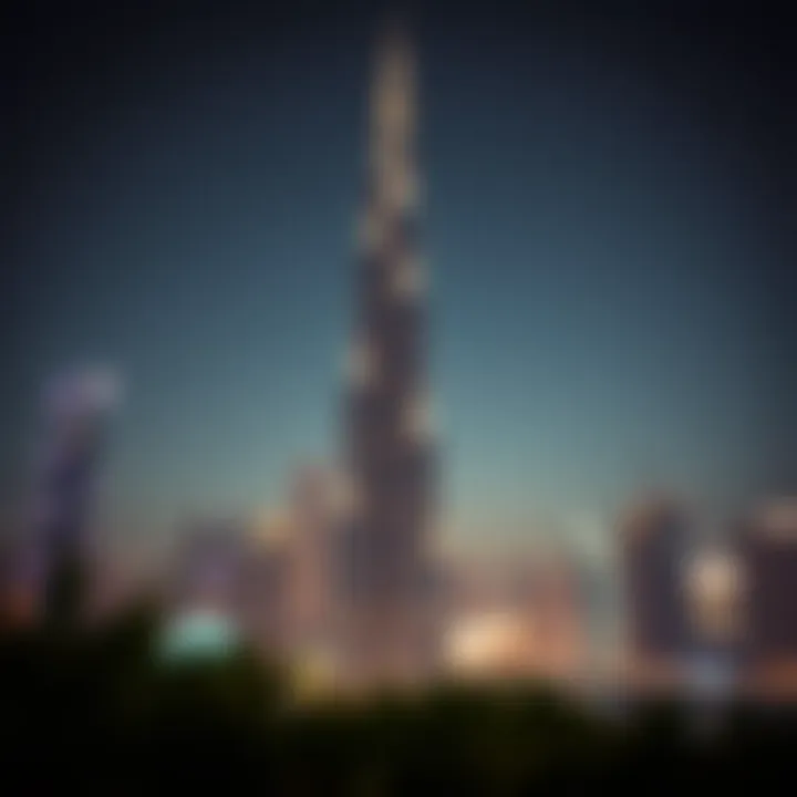 Night view of the Festival Tower illuminated against the Dubai skyline
