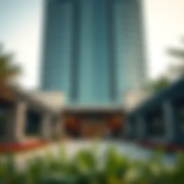 Entrance of Maryah Tower with Landscaping Ground-level view of the entrance to Maryah Tower with surrounding landscaping