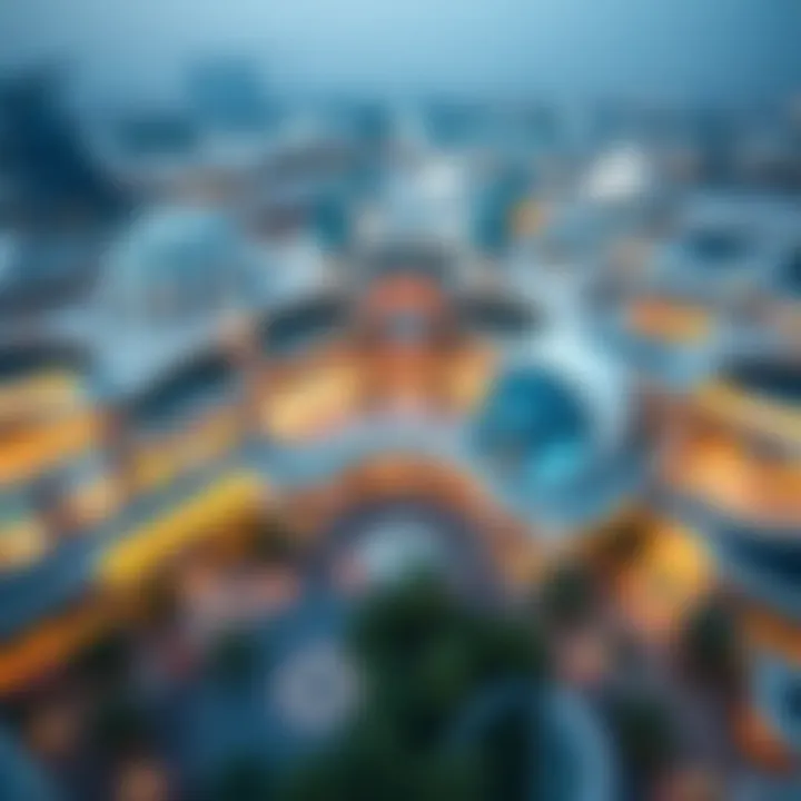 Aerial view of a famous shopping destination in Dubai highlighting its expansive layout and unique features