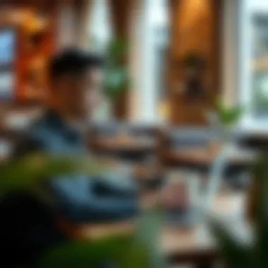 An illustration of a freelancer working on a laptop in a cozy cafe