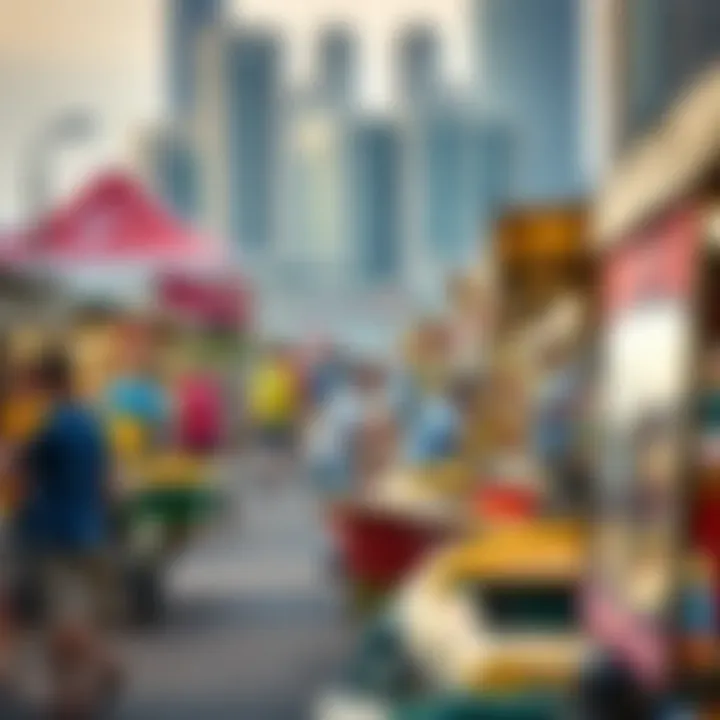 Vibrant waterfront market activity with boats and local vendors